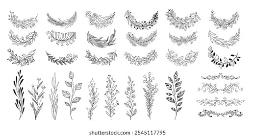 Elementos florales minimalistas. Marcos y ramos florales boho mínimos, iconos florales minimalistas simples decorativos orgánicos. Vector aislado sobre fondo blanco.