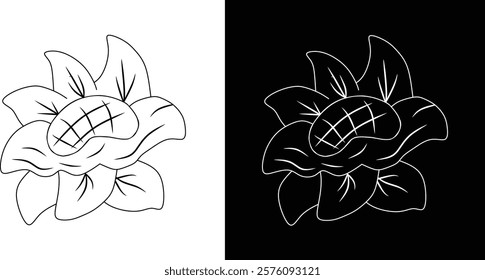 A minimalistic floral illustration designed with a monochromatic theme. Features a flower in contrasting black and white outlines, creating an elegant and stylized appearance suitable for artwork.