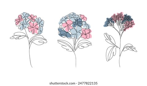 Minimalistic floral one line drawing. Hand drawn hydrangea flower line art, abstract shapes print design. Vector isolated collection