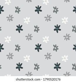 Minimalistic floral patern with abstract daisy silhouettes. Pastel blue background. White and grey botanic elements. Decorative backdrop for wallpaper, wrapping paper, textile print, fabric. 