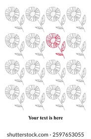 Minimalistic floral pattern with hand-drawn daisies. One red flower stands out among monochrome blooms. Editable template for creative projects, greeting cards, posters, and branding.