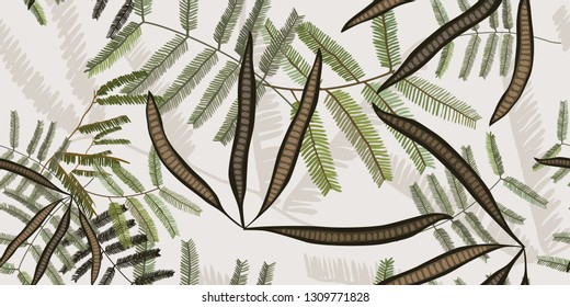 Minimalistic floral pattern. Illustration of forest plants. Green leaves and fruits on a light background.