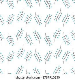 Minimalistic floral pattern on white background. Simple vector illustration of doodle plants. Decorative design for wrapping, clothes.