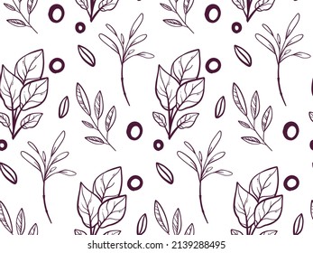 Minimalistic floral pattern on a white background. Line art style illustration consisting of twigs, bunches of leaves and dots. Print for fabric and paper.