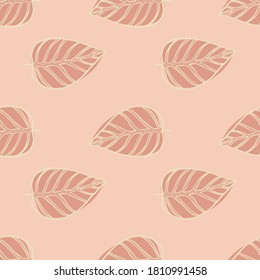 Minimalistic floral seamless leaves pattern. Outline ornament in simple forms in pink pale palette. Perfect for wallpaper, textile, wrapping paper, fabric print. Vector illustration.