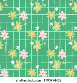Minimalistic floral seamless pattern with abstract chamomile. Light green background with check. Pink and orange botanic ornament. For wallpaper, textile, wrapping, fabric print. Vector illustration