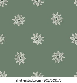 Minimalistic floral seamless pattern with decorative contoured daisy flowers print. Green background. Graphic design for wrapping paper and fabric textures. Vector Illustration.