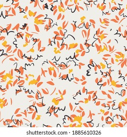 Minimalistic floral seamless pattern. Outline contour lines forming flower petals and buds in bloom. Simple geometric shapes as curved lines and brush strokes. Sketch drawing. Spring nature ornament.