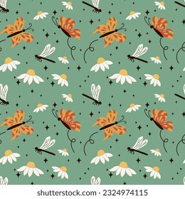 Patrón minimalista sin costuras florales en estilo retro. Camomiles planos o margaritas con mariposas y libélulas sobre fondo verde. Perfecto para la decoración, el fondo, los niños textiles, el papel envolvente