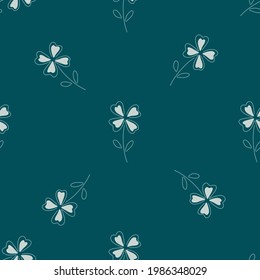 Minimalistic floral seamless pattern with simple four-leaf clover elements. Turquoise background. Random print. Graphic design for wrapping paper and fabric textures. Vector Illustration.