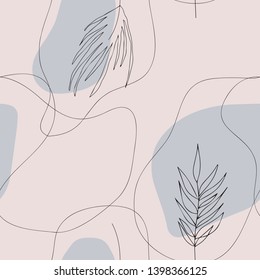 Minimalistic floral seamless pattern with sketch elements and organic shapes. Trendy feminine background in modern colors. Vector illustration