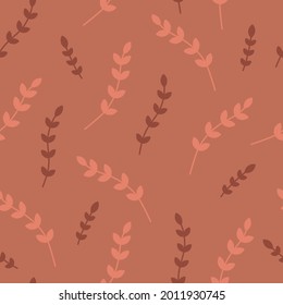 Minimalistic floral silhouette seamless pattern in modern trendy vector flat cartoon style on red background, hand drawn naive monochrome leaf repeat texture design for wallpaper or wrapping paper