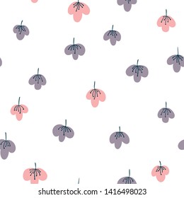 Minimalistic floral vector seamless pattern in simple cartoon hand-drawn style. Illustration of flowers and herbs on a white background