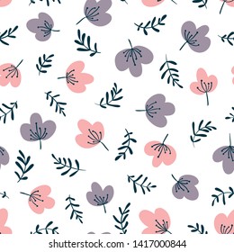 Minimalistic floral vector seamless pattern in simple cartoon hand-drawn style. Illustration of flowers and herbs on a white background