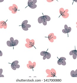 Minimalistic floral vector seamless pattern in simple cartoon hand-drawn style. Illustration of flowers and herbs on a white background