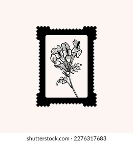 Minimalistic flower graphic sketch drawing, black icon, stamp, trendy tattoo design, floral botanic elements vector illustration.