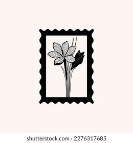 Minimalistic flower graphic sketch drawing, black icon, stamp, trendy tattoo design, floral botanic elements vector illustration.