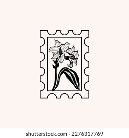 Minimalistic flower graphic sketch drawing, black icon, stamp, trendy tattoo design, floral botanic elements vector illustration.