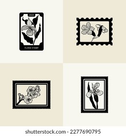 Minimalistic flower graphic sketch drawing, black icon, stamp, trendy tattoo design, floral botanic elements vector illustration.