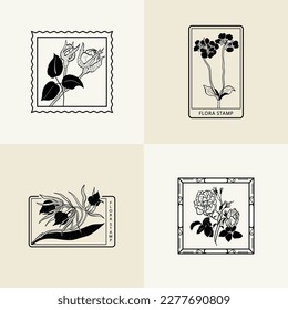 Minimalistic flower graphic sketch drawing, black icon, stamp, trendy tattoo design, floral botanic elements vector illustration.