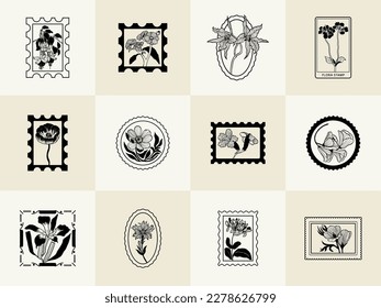 Minimalistic flower graphic sketch drawing, black icon, stamp, trendy tattoo design, floral botanic elements vector illustration.