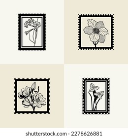 Minimalistic flower graphic sketch drawing, black icon, stamp, trendy tattoo design, floral botanic elements vector illustration.