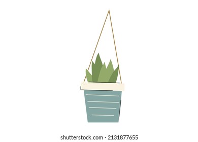 Minimalistic flower  in a hanging pot. House plant in trendy colors, ornamental flowerpot. Vector illustration in flat cartoon style isolated on white background