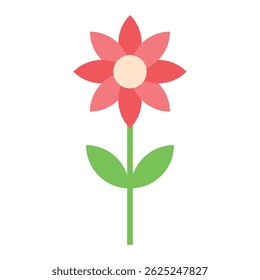 Minimalistic flower illustration with six red petals, a light pink center, and a green stem with two leaves.