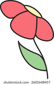 A minimalistic flower with a single leaf drawn in bold lines. The flower's petals and leaf are outlined with a thick stroke, creating a clean and modern look. Cartoon vector illustration.