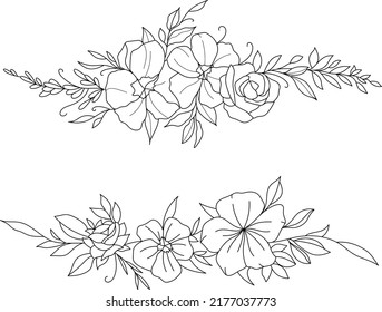 Minimalistic flower tattoo design. Vector illustrations for wedding invitations. Hand drawn line art. Black and white sketches isolated on white background. Wildflowers for cards, packing, logotype