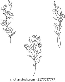 Minimalistic flower tattoo design. Vector illustrations for wedding invitations. Hand drawn femine line art. Black and white sketches isolated on white background. Wildflowers, larkspur, hawthorn 