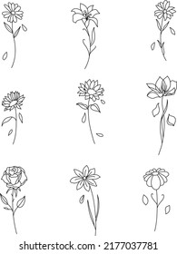 Minimalistic flower tattoo design  Vector illustrations for wedding invitations  Hand drawn line art  Black   white sketches isolated white background  Wildflowers  daisy  rose  lily  sunflower