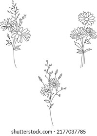 Minimalistic flower tattoo design. Vector illustrations for wedding invitations. Hand drawn femine line art. Black and white sketches isolated on white background. Wildflowers, daisy for cards, packin