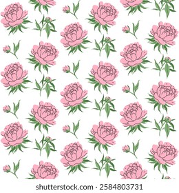Minimalistic flowers seamless pattern. Delicate pink peony with stem and leaves, small bud. Botanical spring pattern. Suitable for wallpaper, textiles, wrapping paper, postcards. Vector illustration.