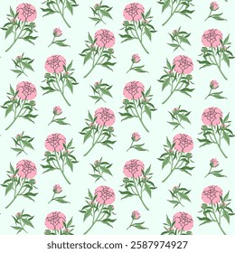 Minimalistic flowers seamless pattern. Delicate pink peony with stem and leaves, small bud on mint background. Botanical spring pattern. For wallpaper, textiles, postcards. Vector illustration.