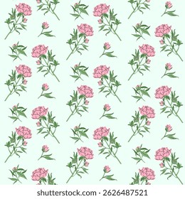 Motif harmonieux de fleurs minimalistes. Pieuvre rose délicate avec tige et feuilles, petite bourgeon sur fond menthe. Motif botanique printanier. Pour le fond d'écran, les textiles, les cartes postales. Illustration vectorielle.