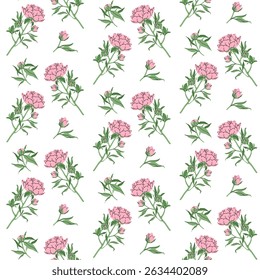 Minimalistic flowers seamless pattern. Delicate pink peony with stem and leaves, small bud on pink background. Botanical spring pattern. For wallpaper, textiles, postcards. Vector illustration.