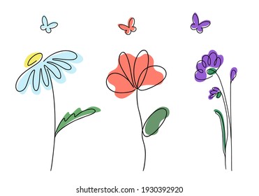 Minimalistic flowers set, trendy line art with colorful abstract shapes. One line drawing. Cornflower, daisy, poppy and butterflies contours. Vector illustration. Isolated on white background.