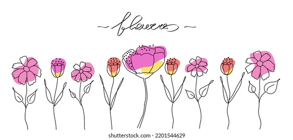 Minimalistic flowers set, trendy line art with colorful abstract shapes. Vector illustration, isolated on white background