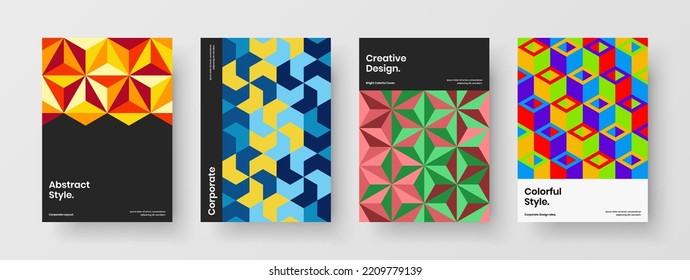 Minimalistic flyer A4 design vector template set. Creative geometric tiles presentation illustration bundle.