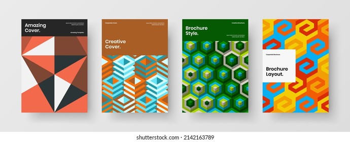Minimalistic flyer A4 vector design template composition. Bright mosaic pattern company brochure illustration collection.