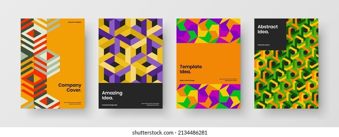 Minimalistic flyer vector design concept collection. Creative mosaic hexagons journal cover template set.