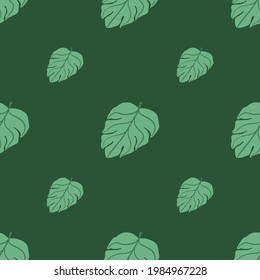 Minimalistic foliage style seamless pattern with simple monstera palm leaves print. Green palette artwork. Graphic design for wrapping paper and fabric textures. Vector Illustration.