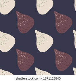 Minimalistic food autumn seamless pattern with brown and light fig shapes. Navy blue background. Designed for fabric design, textile print, wrapping, cover. Vector illustration.