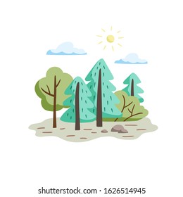 Minimalistic forest landscape. Trees and bushes in a hand drawn style. Vector illustration.