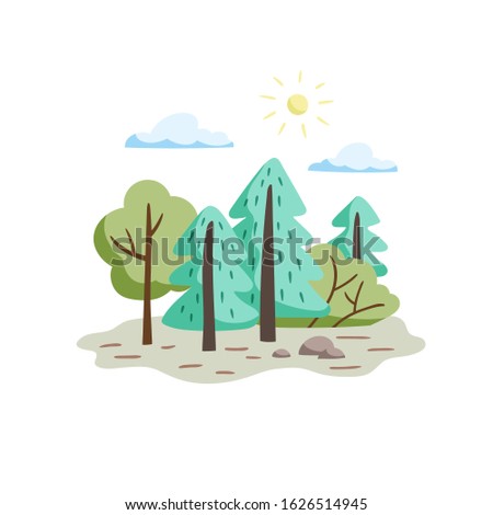 Minimalistic forest landscape. Trees and bushes in a hand drawn style. Vector illustration.