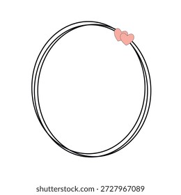 Marco minimalista, contorno ovalado con líneas negras y un ligero offset, decorado con corazones suaves de color rosa.