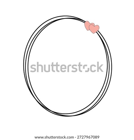Minimalistic frame, oval outline with black lines and a slight offset, decorated with soft pink hearts.