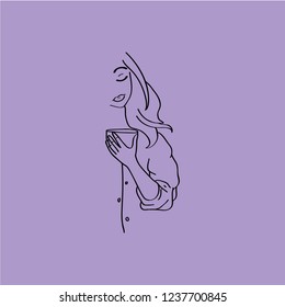 minimalistic freehand drawing. happy girl with a glass of coffee