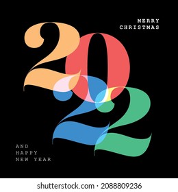 Minimalistic fresh modern Happy new year black card template layout with big color numbers 2022. Happy new year celebration banner status template